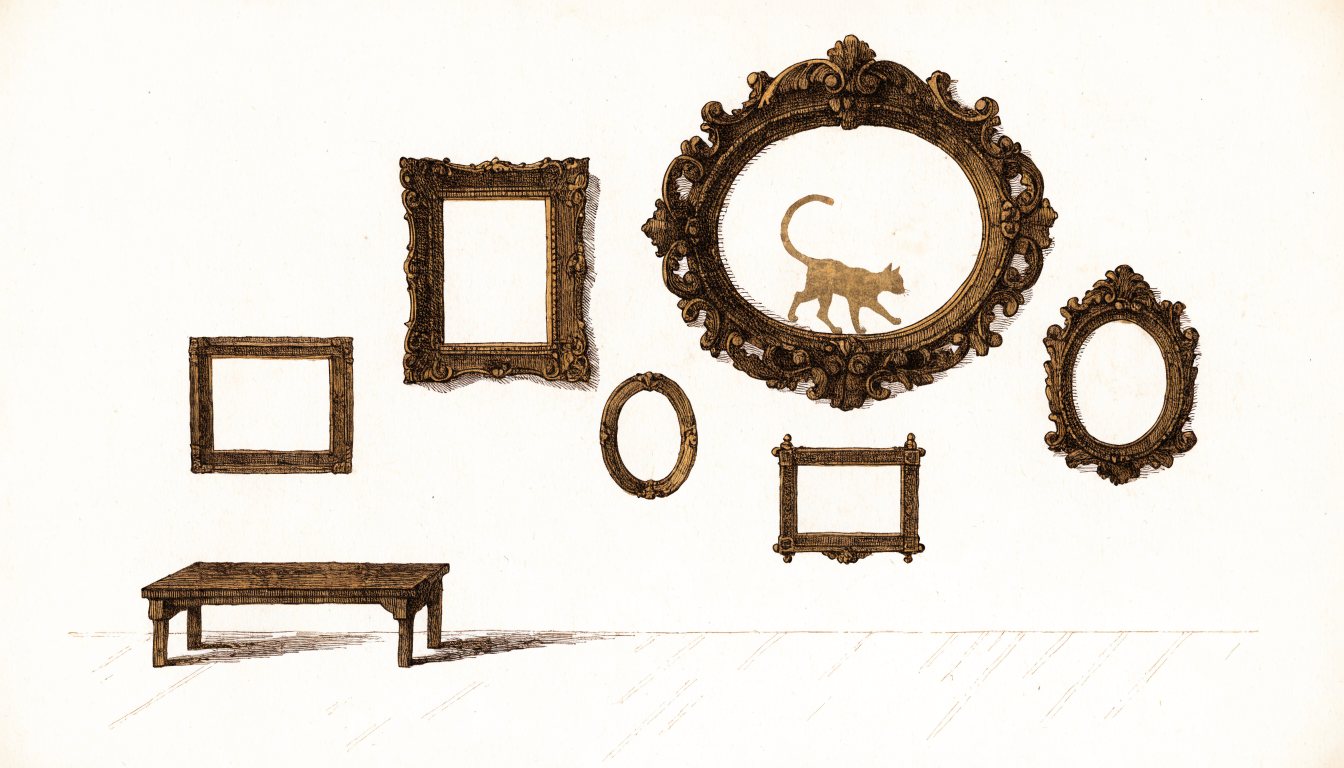 Engraving-style illustration of a museum wall with empty frames — one holds a golden cat silhouette, waiting for visitors