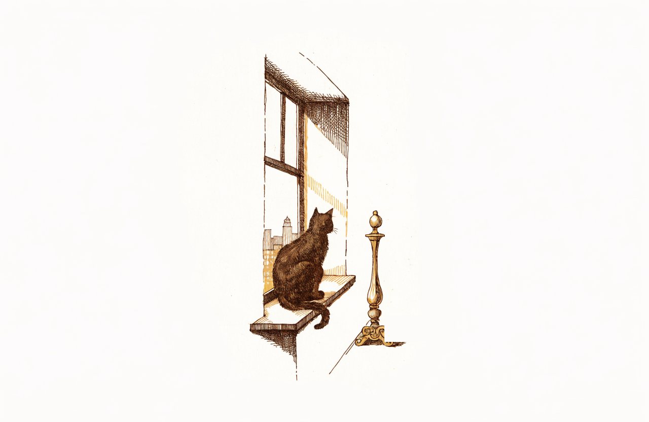 Engraving-style illustration of a cat on a sunlit apartment windowsill overlooking a city skyline