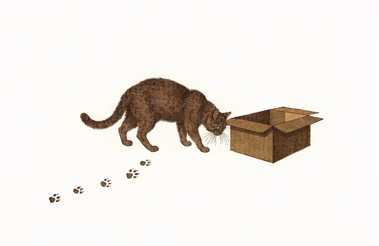 Engraving-style illustration of a curious cat sniffing a cardboard box, pawprints leading toward it