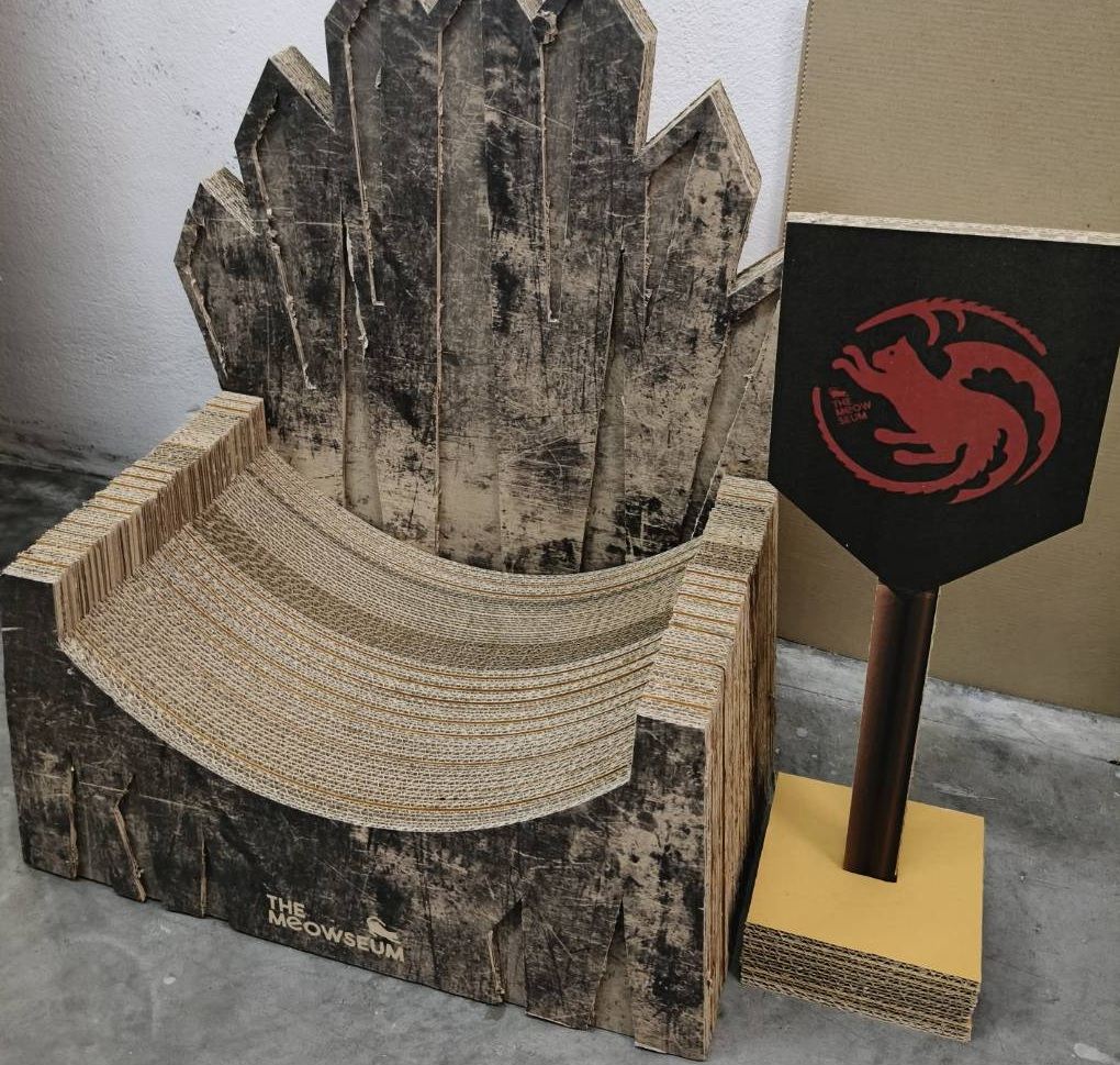 Royal Haus of Meow cardboard cat throne by The Meowseum